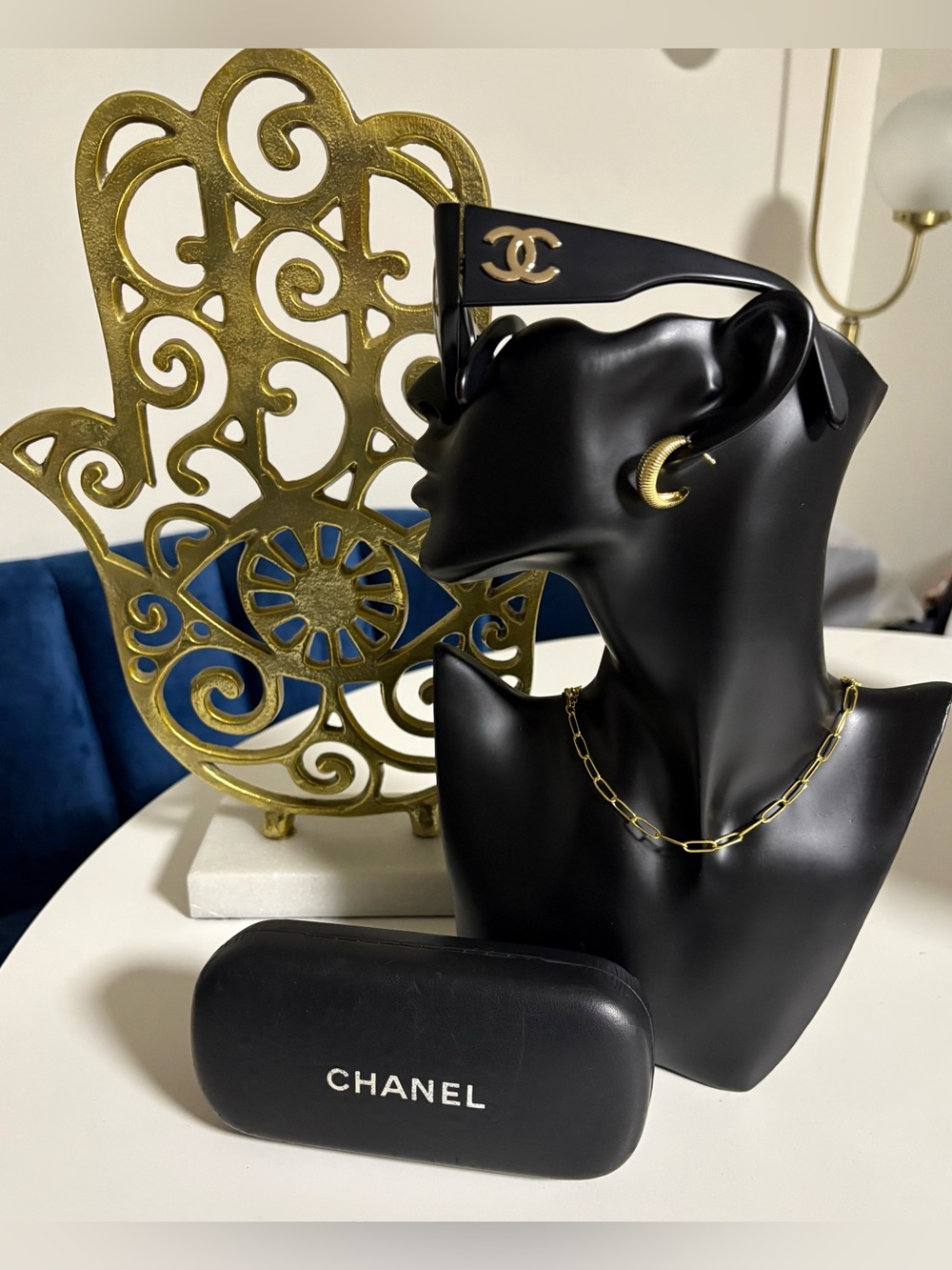 CHANEL Matte Black Sunglasses with Gold CC Logo